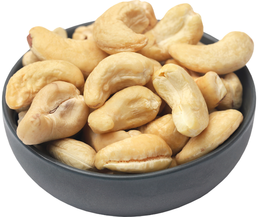 Bowl of cashews on a white background