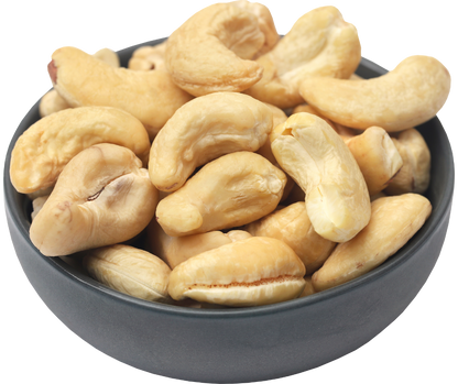 Bowl of cashews on a white background