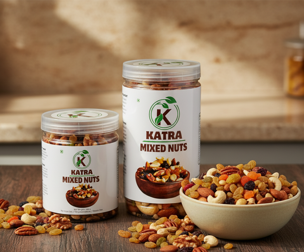 Two jars of Katra Mixed Nuts on a wooden surface with a bowl of mixed nuts beside them.