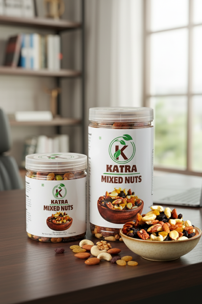 Two jars of Katra Mixed Nuts on a desk with a bowl of nuts and a laptop in the background.